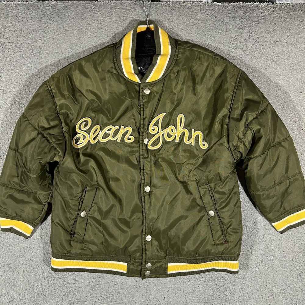 Sean John Quilted Bomber Jacket Green & Yellow Boys Size Small 8/10